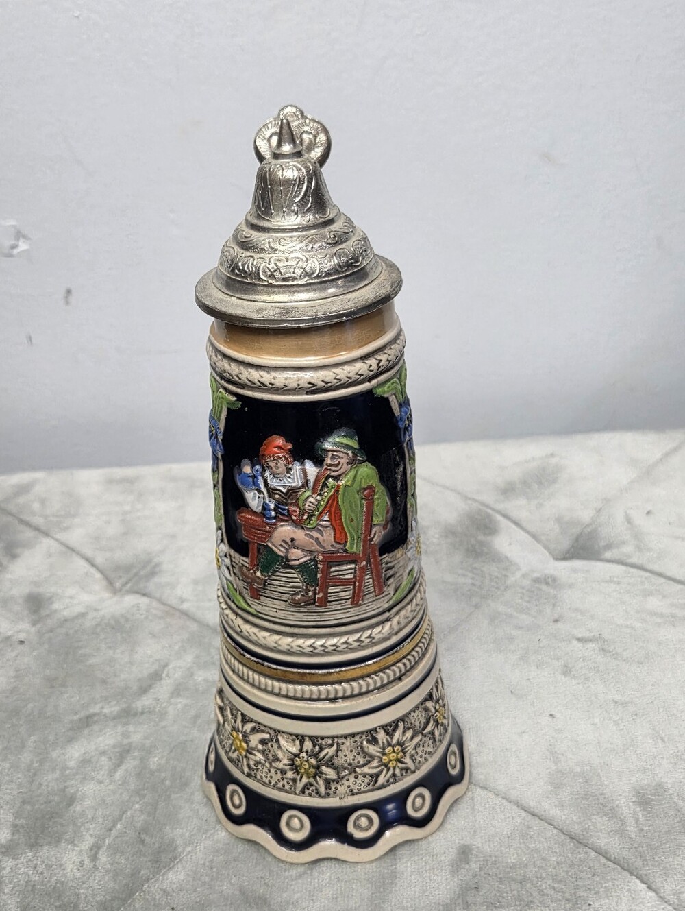 Vintage German Ceramic Beer Stein with Pewter Lid - Black & Multicolor, Musical